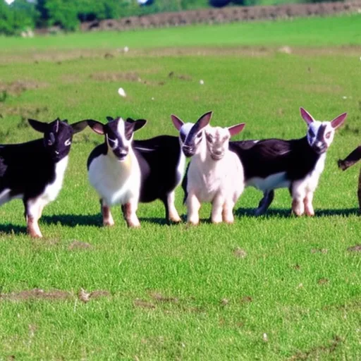 

This image shows a small herd of dwarf goats, standing in a grassy field. The goats are of various colors, including white, brown, and black, and they have short, stubby legs. They look happy and content, and