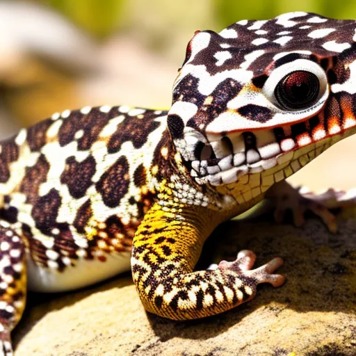 

An image of a colorful leopard gecko perched atop a rock, with its tongue out and its eyes looking directly at the camera. The gecko is a vibrant mix of yellow, orange, and white, with black spots across its body
