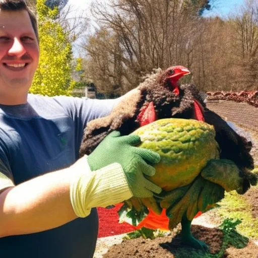 

The image shows a person wearing gardening gloves and holding a turkey in their arms. The person is smiling and the turkey looks content. The image illustrates the article's message that tending to turkeys can be a rewarding experience.
