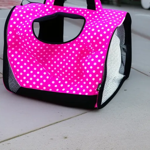 

This image shows a stylish pet carrier in a bright pink color with a black and white polka dot pattern. The carrier is designed to be comfortable and stylish for your pet, with a handle for easy carrying and a zip-up closure to