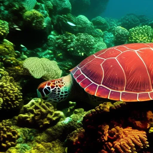 

This image shows a close-up of a sea turtle swimming in a tranquil ocean. The turtle is surrounded by a vibrant array of coral and other sea life, highlighting the beauty of the underwater world. This image captures the essence of Turtle Trek