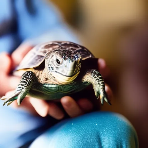 

This image shows a person holding a small turtle in their hands. The turtle is looking up at the person with a curious expression, and the person is smiling back. The image conveys the joy and companionship that comes with having a pet