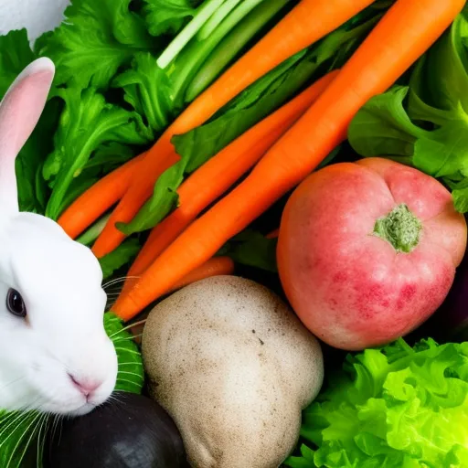 

A close-up of a white rabbit with a bowl of fresh vegetables in front of it, including carrots, lettuce, and celery. The image illustrates the importance of providing a balanced diet for your bunny to ensure their health and happiness.