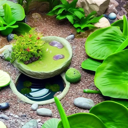 

This image shows a luxurious frog habitat, complete with a pond, lily pads, and plenty of vegetation. The pond is surrounded by rocks and pebbles, providing a natural and inviting environment for your pet frog. The habitat is designed
