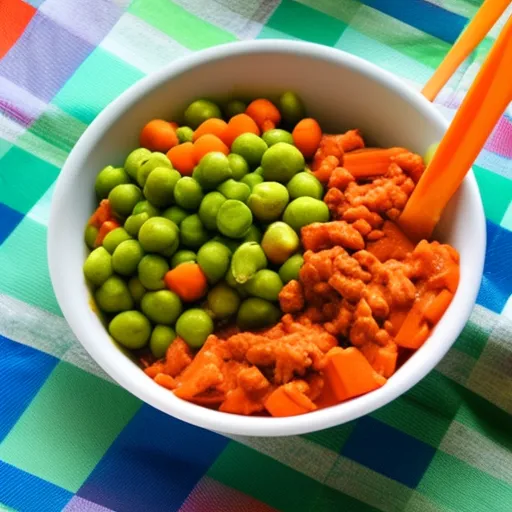 

This image shows a bowl of freshly cooked dog food, made with healthy ingredients such as carrots, peas, and lean ground beef. The vibrant colors of the vegetables and meat make it a visually appealing dish that is sure to please any pup.