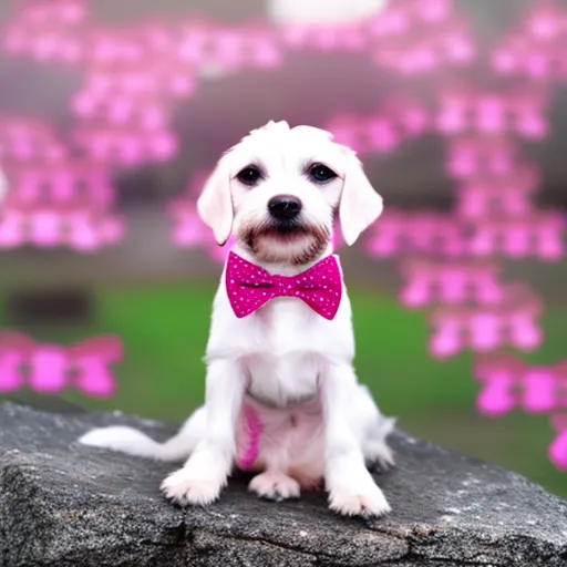 

This image shows a small white dog wearing a stylish pink and white polka dot bow tie. The bow tie is the perfect accessory for a fashionable pup, and is sure to make them stand out in the crowd.