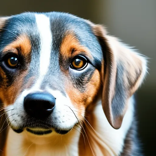

This image shows a close-up of a dog's face, with its eyes looking directly at the viewer. The dog's expression is one of curiosity and intelligence, as if it is trying to understand something. This image conveys the mystery