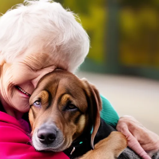 

The image shows an elderly woman cuddling a senior dog, both of them looking content and happy. The woman is smiling and the dog is resting its head on her shoulder. This image illustrates the article by conveying the message that senior