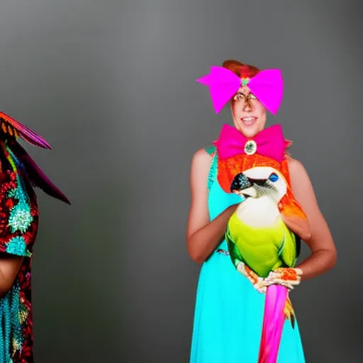 

This image shows a woman wearing a bright, colorful dress and a matching headband, while her exotic pet, a parrot, is perched on her shoulder wearing a matching bow tie. The image illustrates how to accessorize your exotic pet