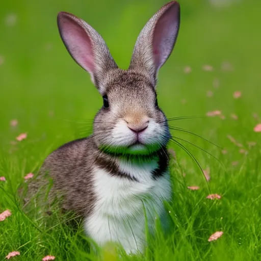 

A photo of a white rabbit sitting in a green meadow, looking up at the camera with its ears perked up. The rabbit appears to be content and happy, surrounded by lush grass and wildflowers. The image conveys the